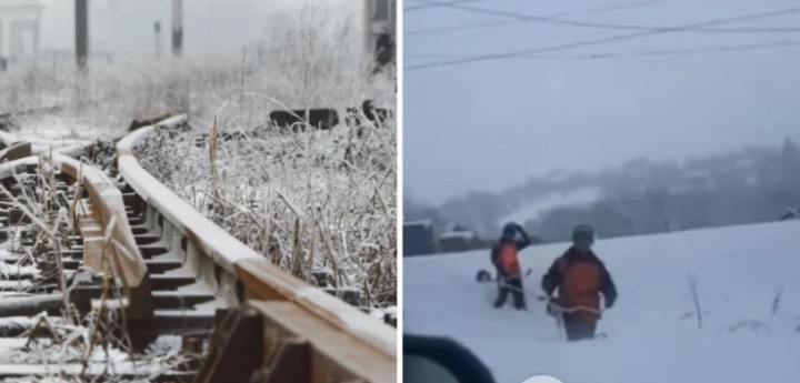 Серед зими у сніжних заметах: на Закарпатті залізничників відправили косити бур’ян. Відео